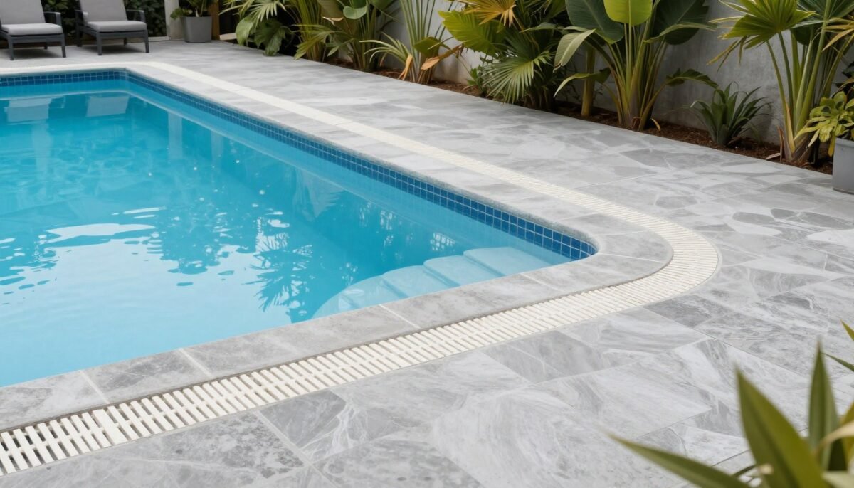 Pool deck with stamped concrete in cool gray tones and slip-resistant texture