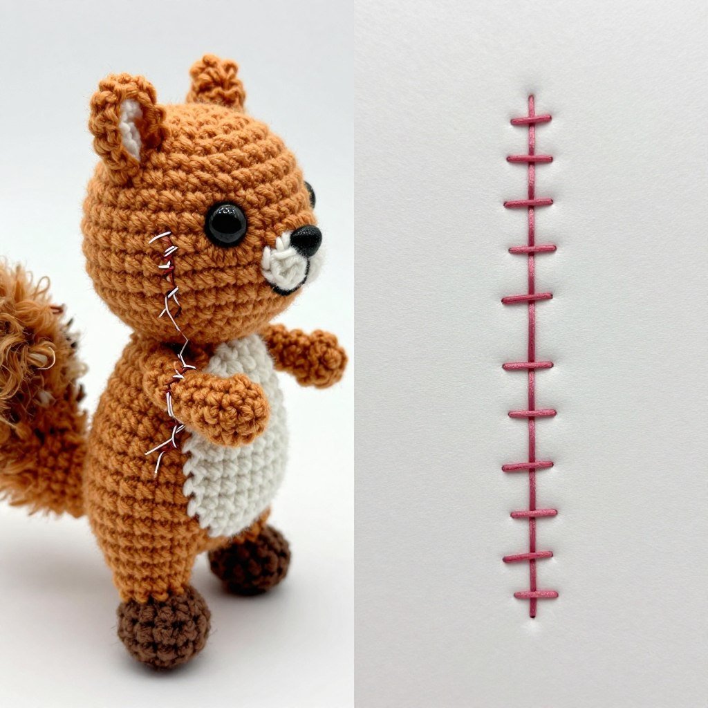 Poor assembly showing visible seams on crochet squirrel
