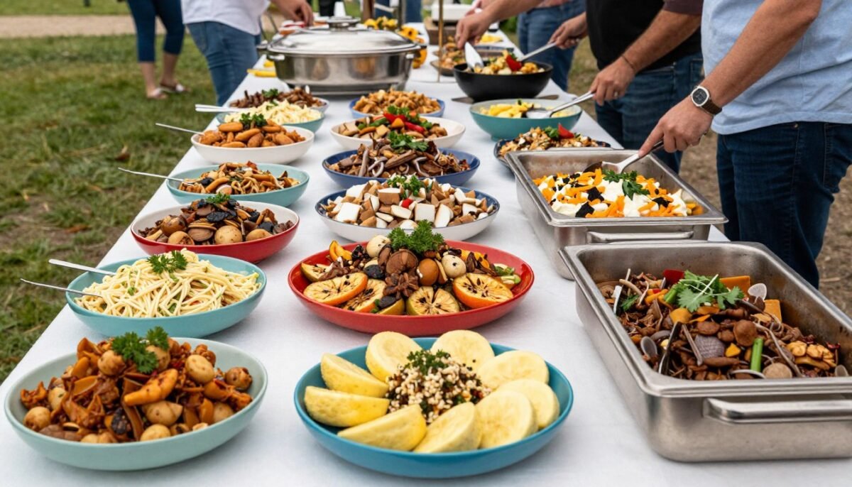 Potluck buffet table at backyard wedding with homemade dishes