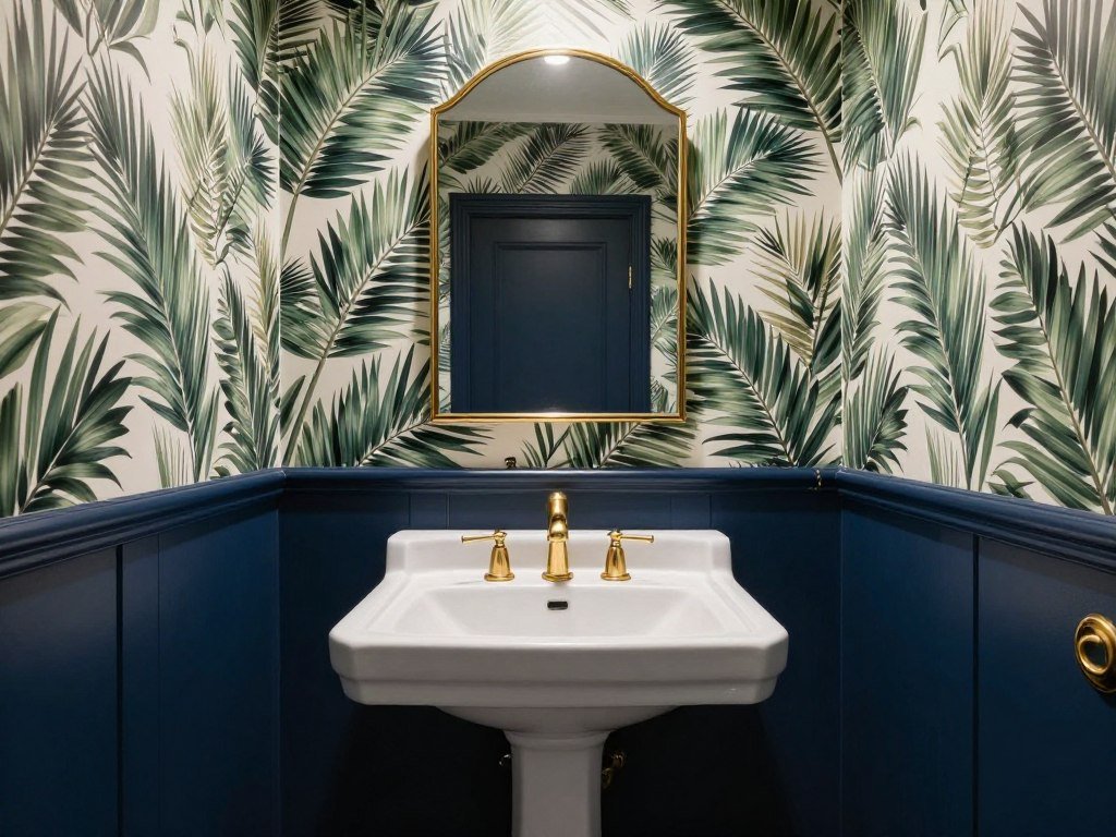 Powder room with tropical leaf wallpaper and navy blue paint