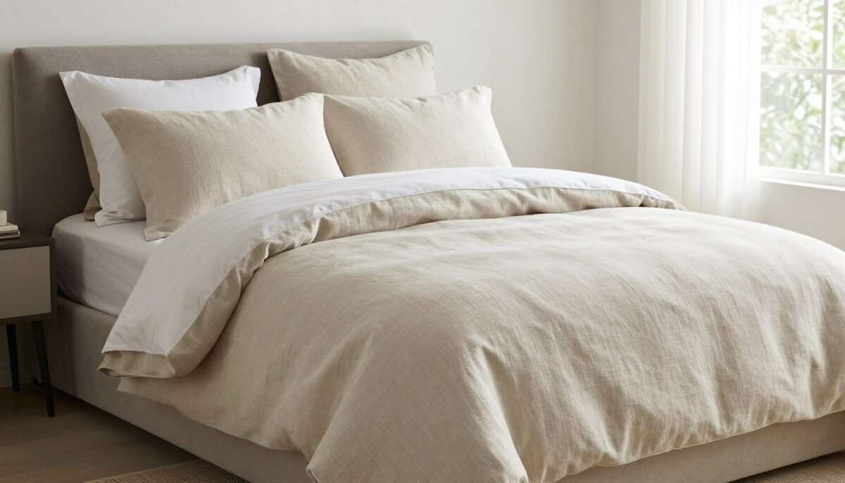 Premium linen bedding set in neutral tones on elegant bed