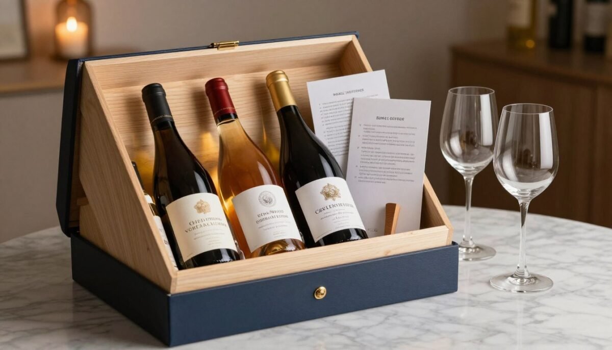 Premium wine bottles in subscription box with tasting notes and wine glasses