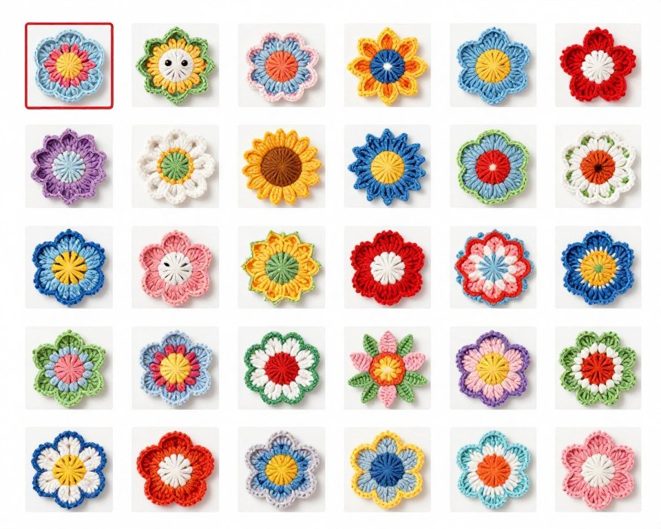 Preview of pattern library showing various crochet flower designs