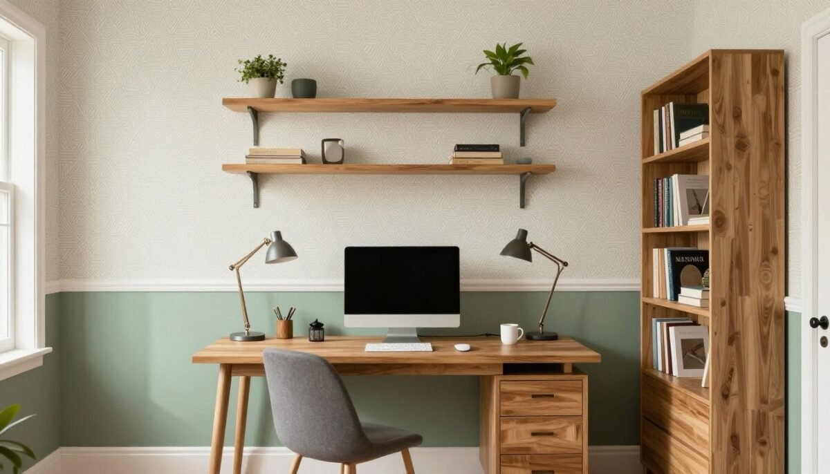 Productive home office with subtle pattern wallpaper and sage paint