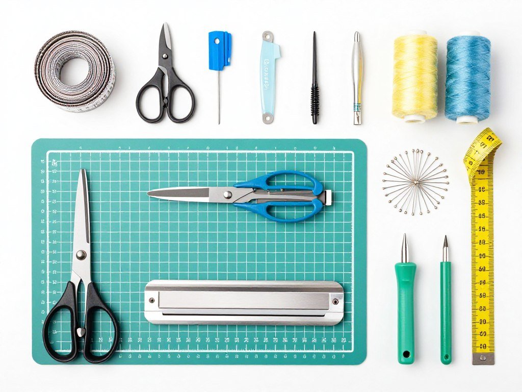 Professional crafting tools laid out for clothing projects
