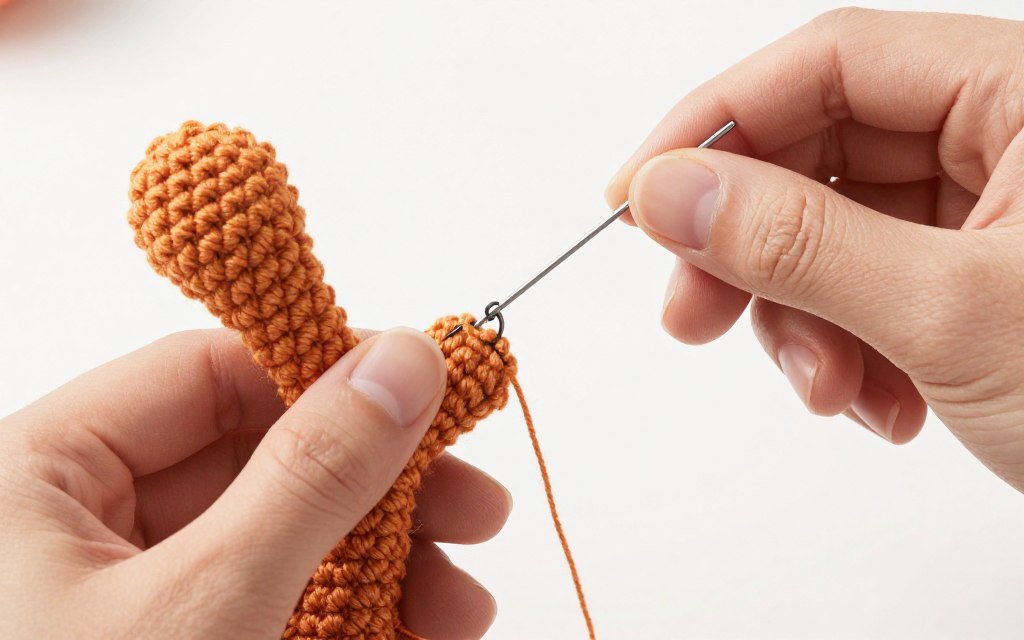 Professional finishing techniques for crochet squirrel showing ladder stitch assembly