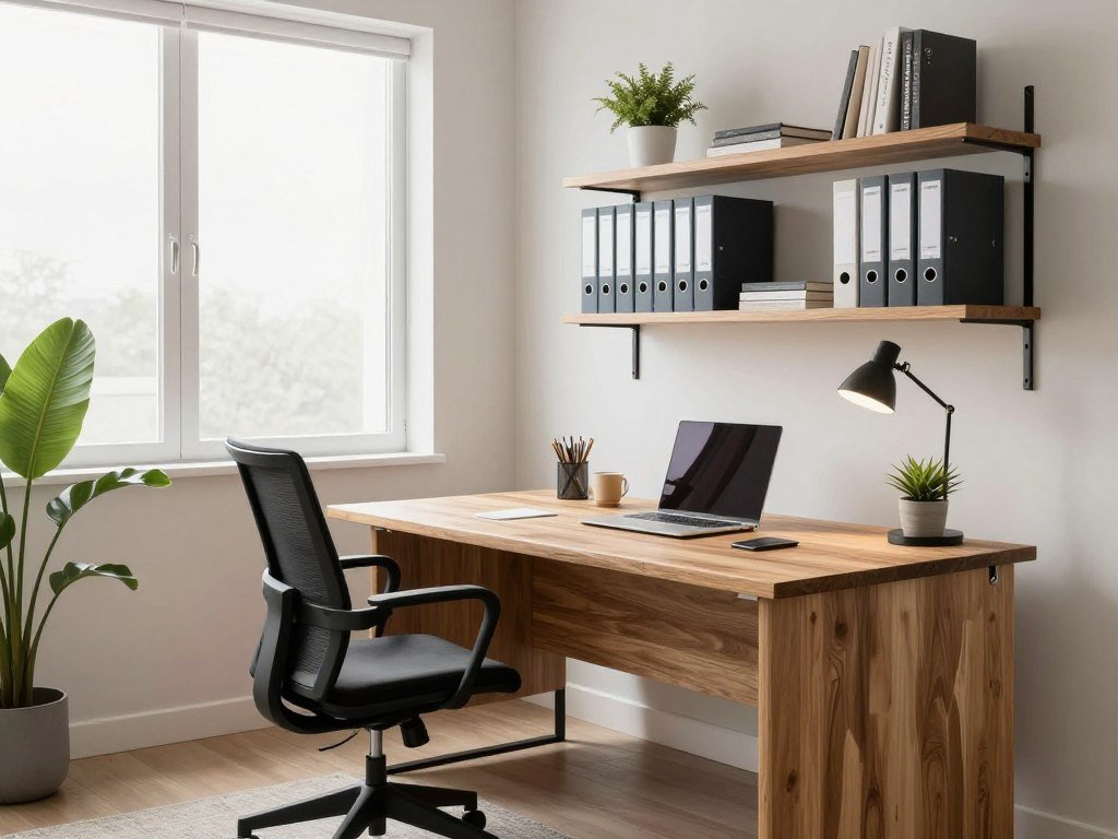 Professional home office in bonus room with ergonomic furniture and organized storage