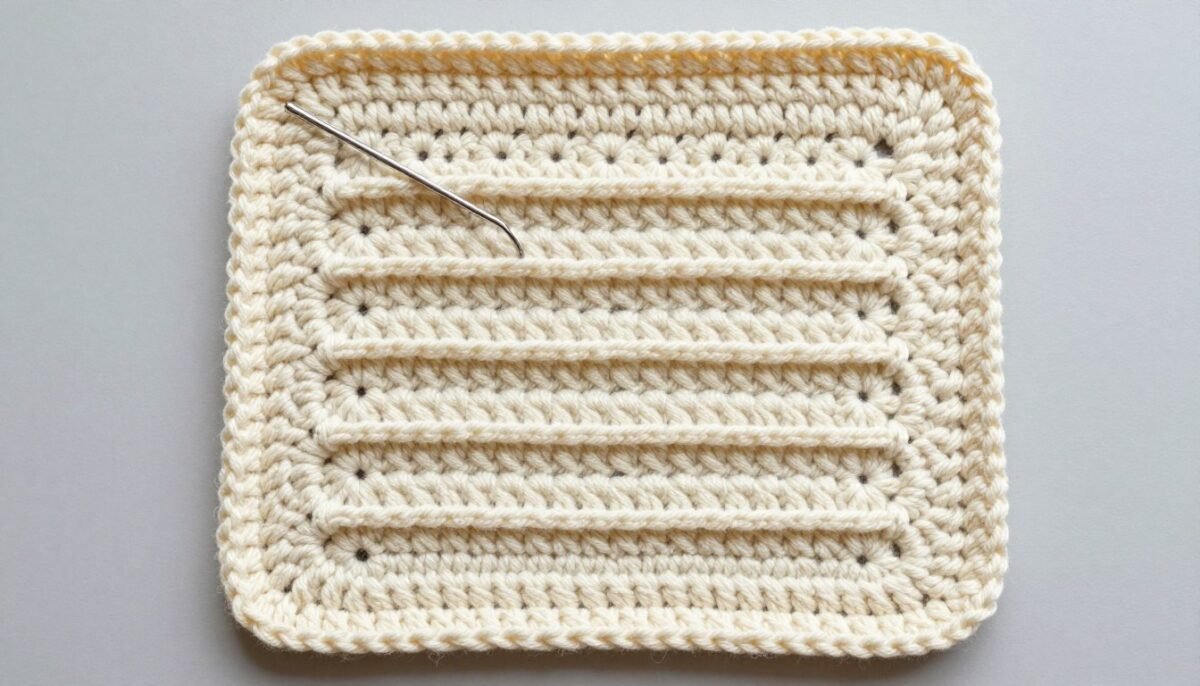 Progress photo showing first five rows of double thick crochet potholder