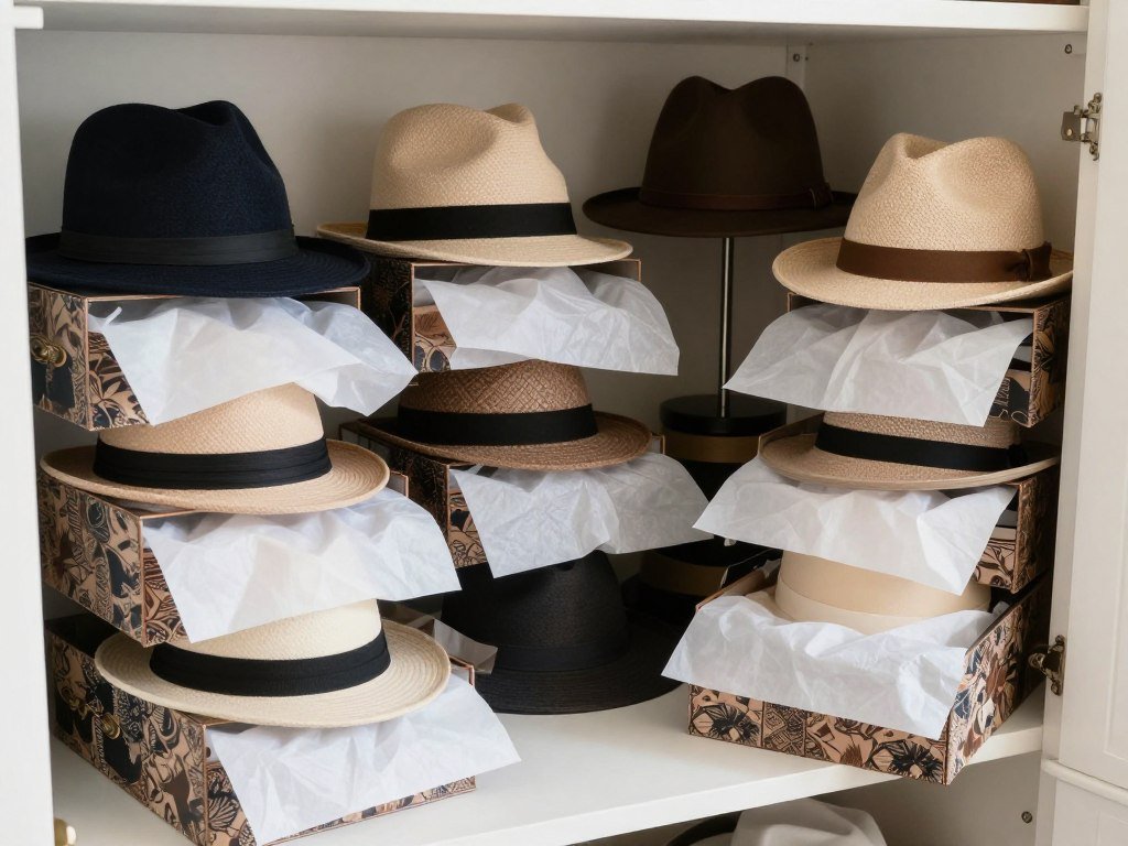 Proper hat storage using hat boxes and tissue paper
