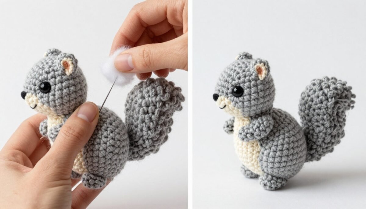 Proper stuffing technique demonstration for crochet squirrel body