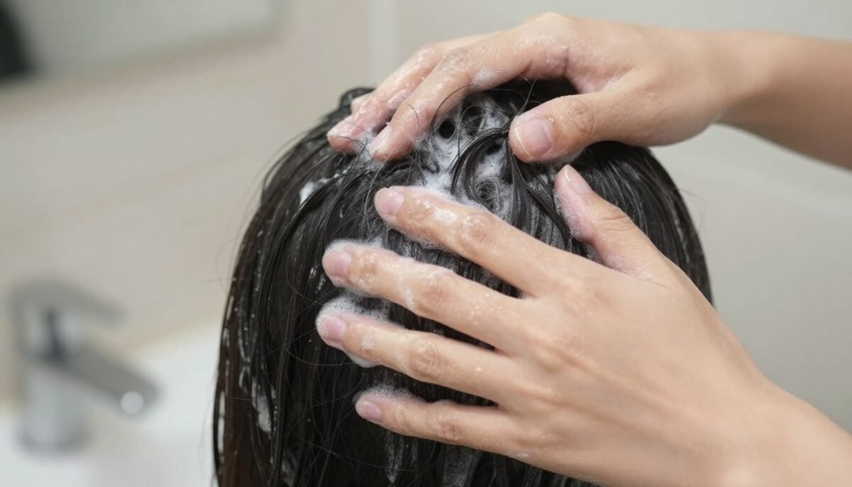 Proper washing technique for fine hair showing gentle shampooing method