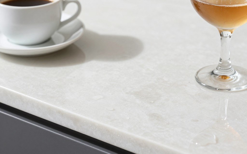 Quartz countertop on dual-purpose bar showing durability