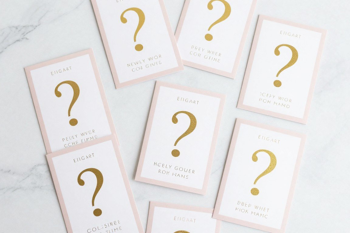 Question cards laid out for newlywed game at bridal shower