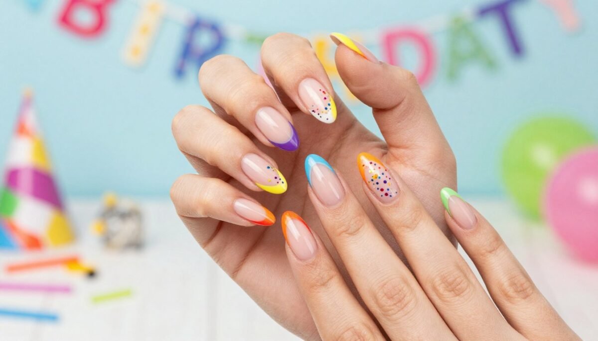 Rainbow French tip almond nails for birthday celebration Rainbow French tip almond nails for birthday celebration