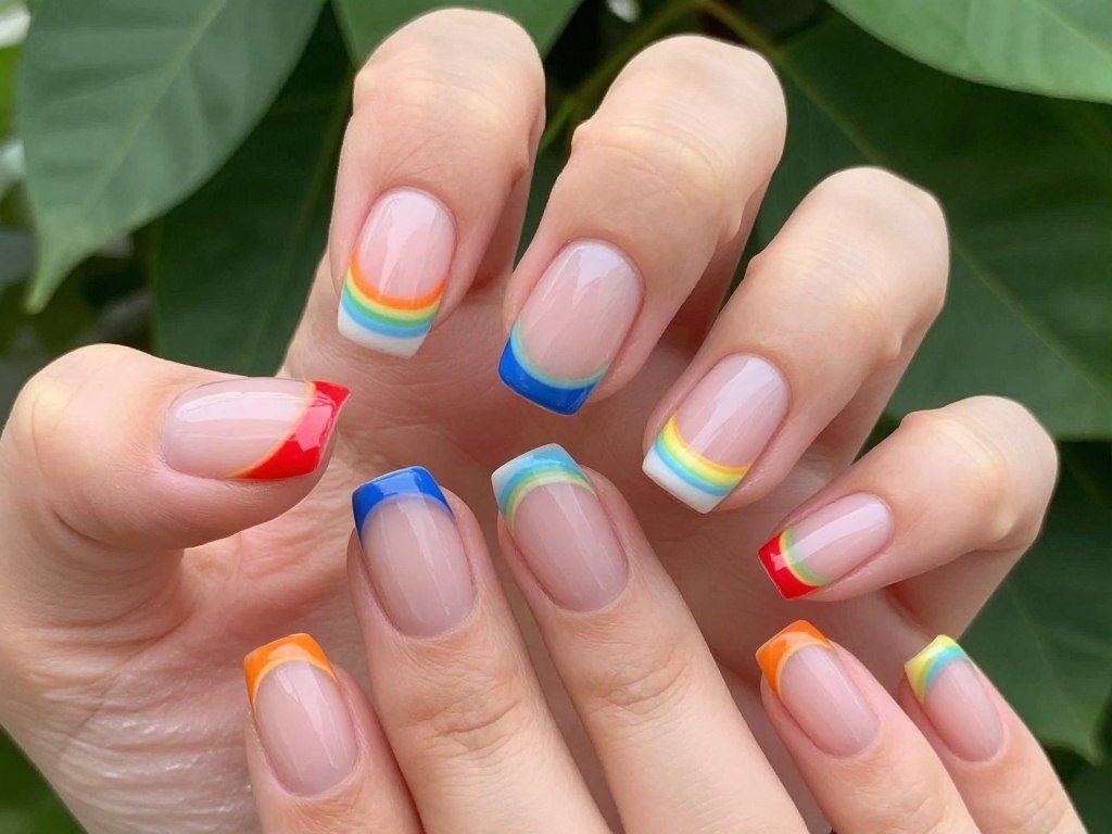 Rainbow colored French manicure tips