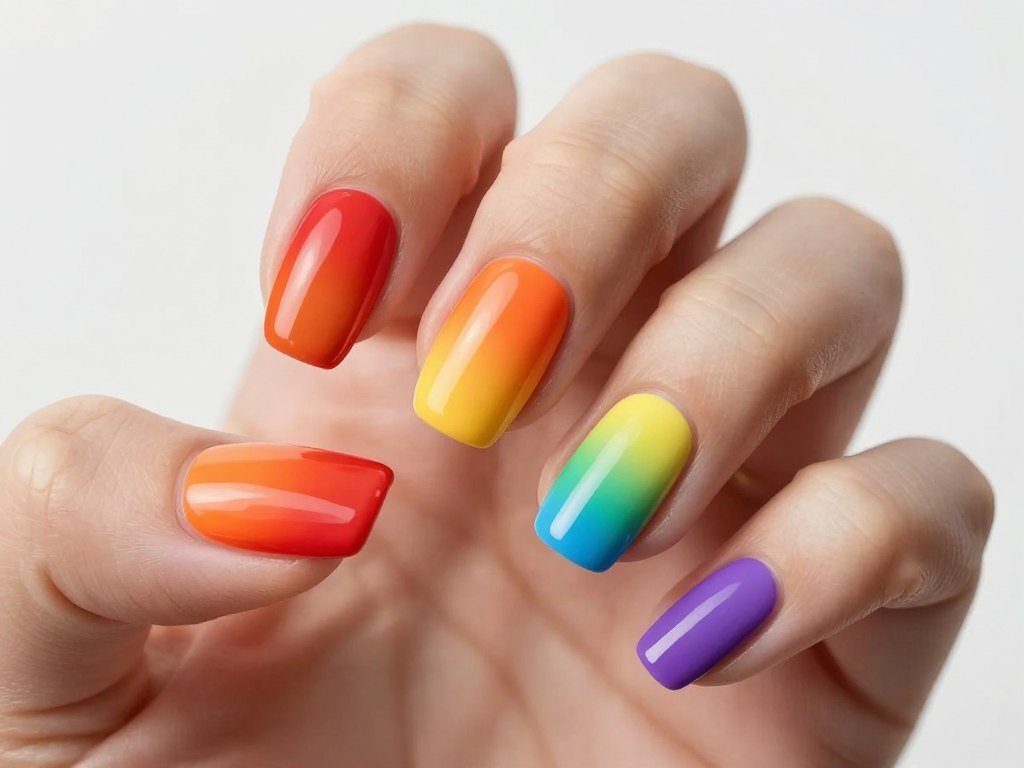Rainbow gradient June nails with all colors blended smoothly