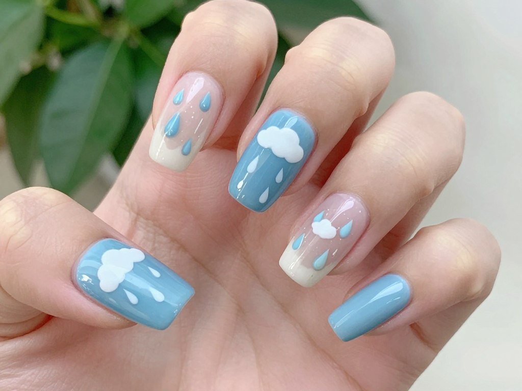 Raindrop and cloud nail art design