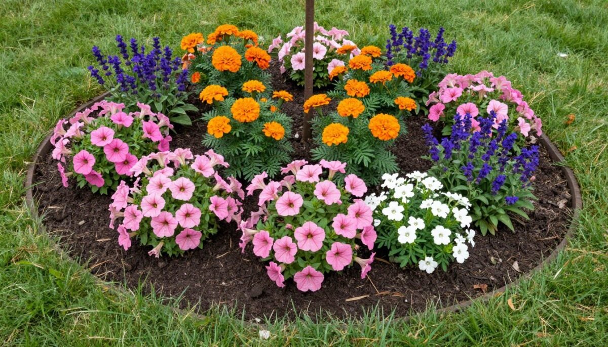 Raised bed filled with thriving flower garden