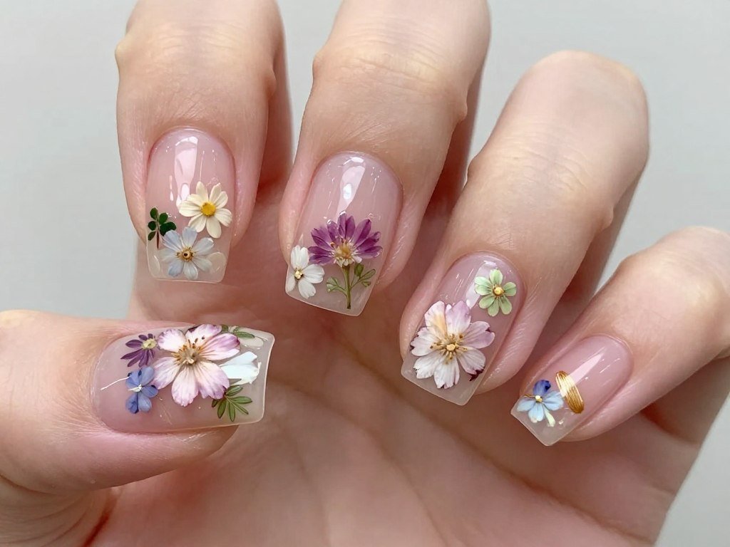 Real pressed flowers embedded in clear nail design