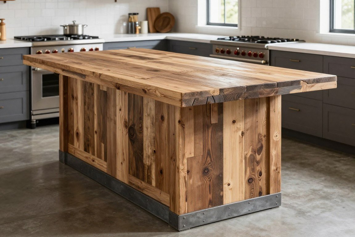 Reclaimed barn wood kitchen island with natural patina
