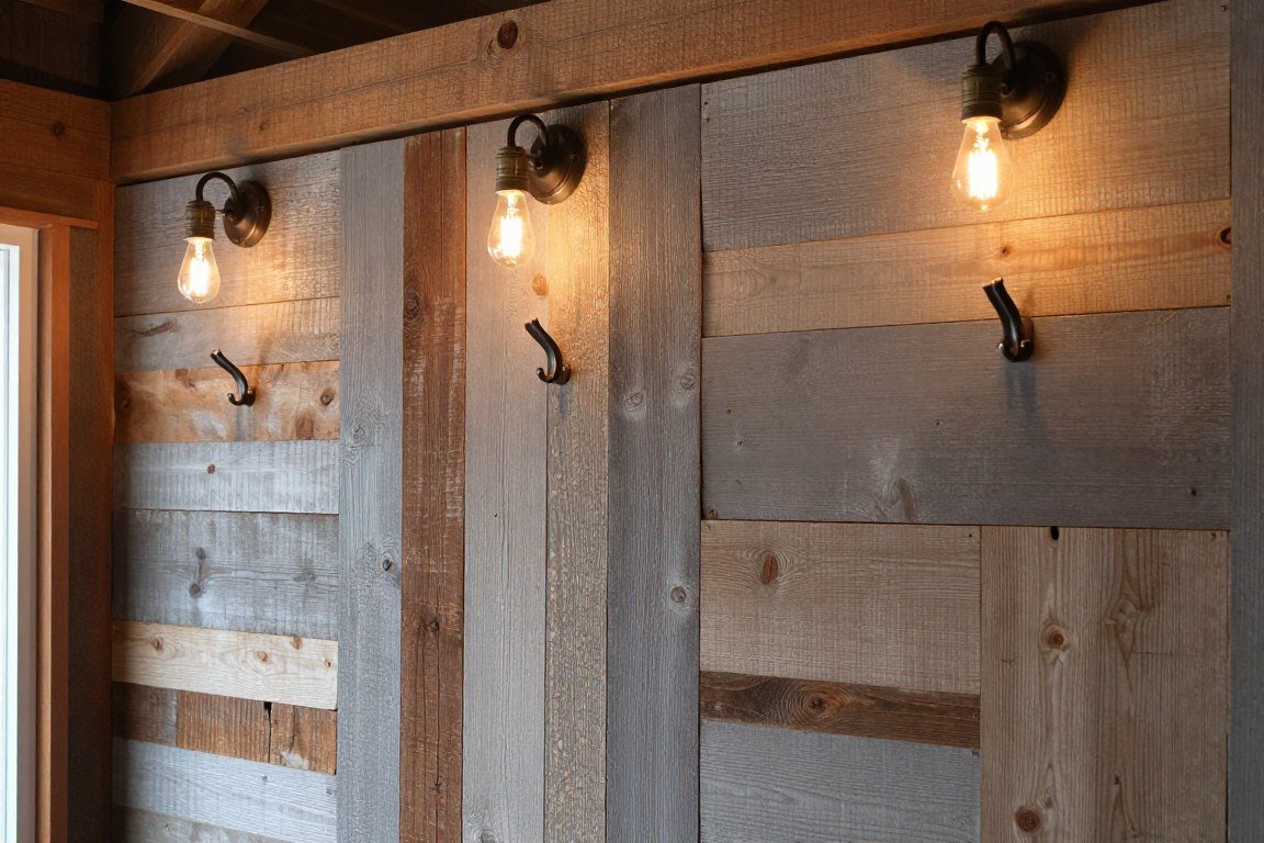 Reclaimed wood accent wall in farmhouse shed house