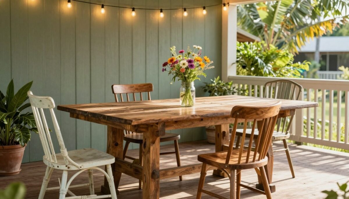 Reclaimed wood farmhouse table on rustic lanai