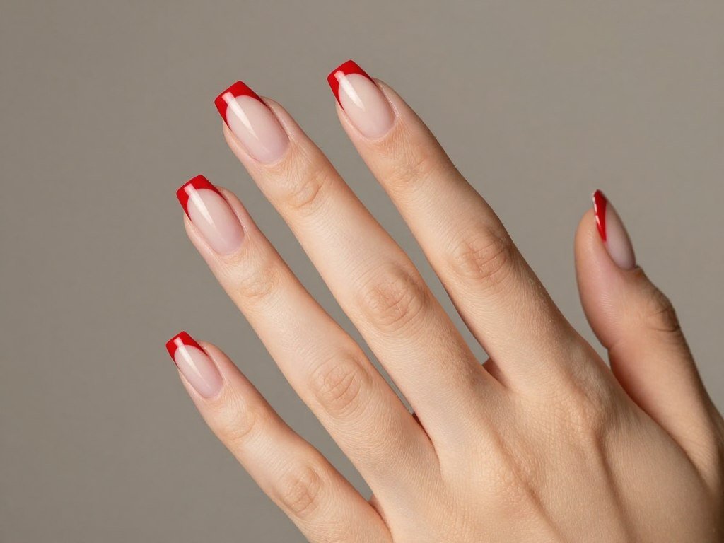 Red French tips on short square nails