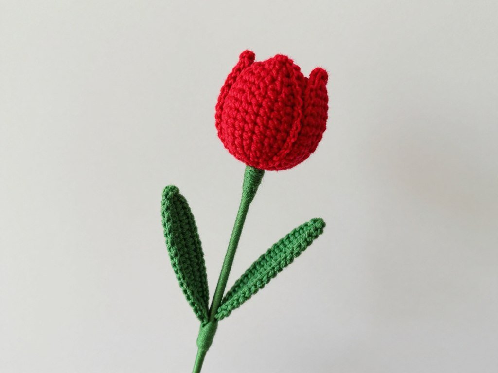 Red crochet tulip flower showing characteristic cup shape and green stem