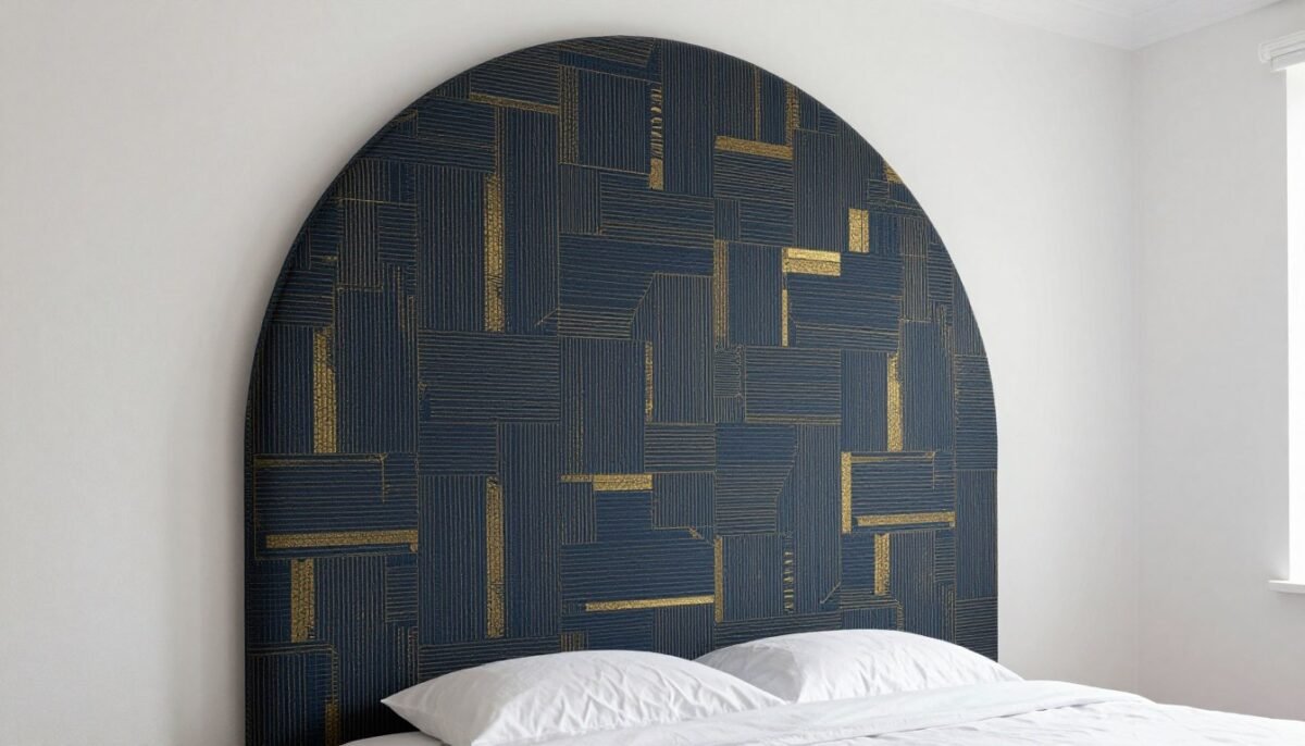 Removable wallpaper in geometric pattern applied as DIY headboard shape on white bedroom wall
