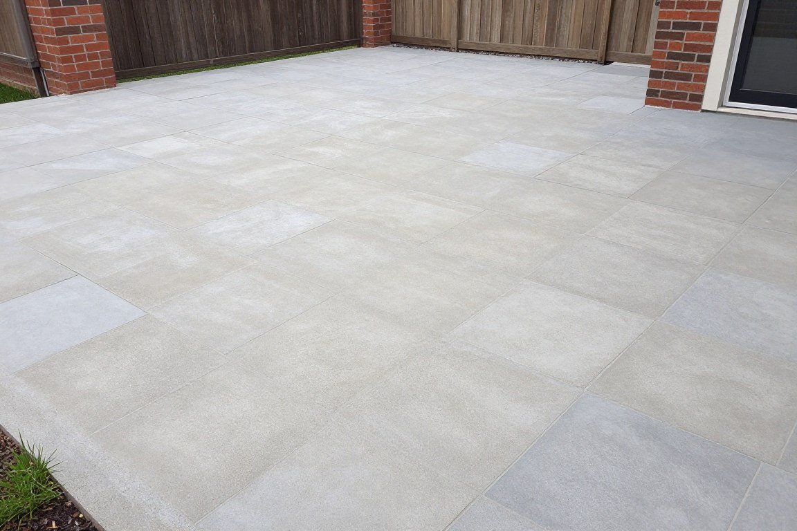 Renovated patio showing stamped concrete overlay over existing concrete surface