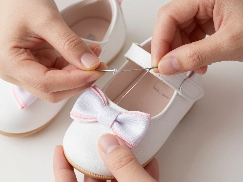 Repairing bow on baby mary jane shoe