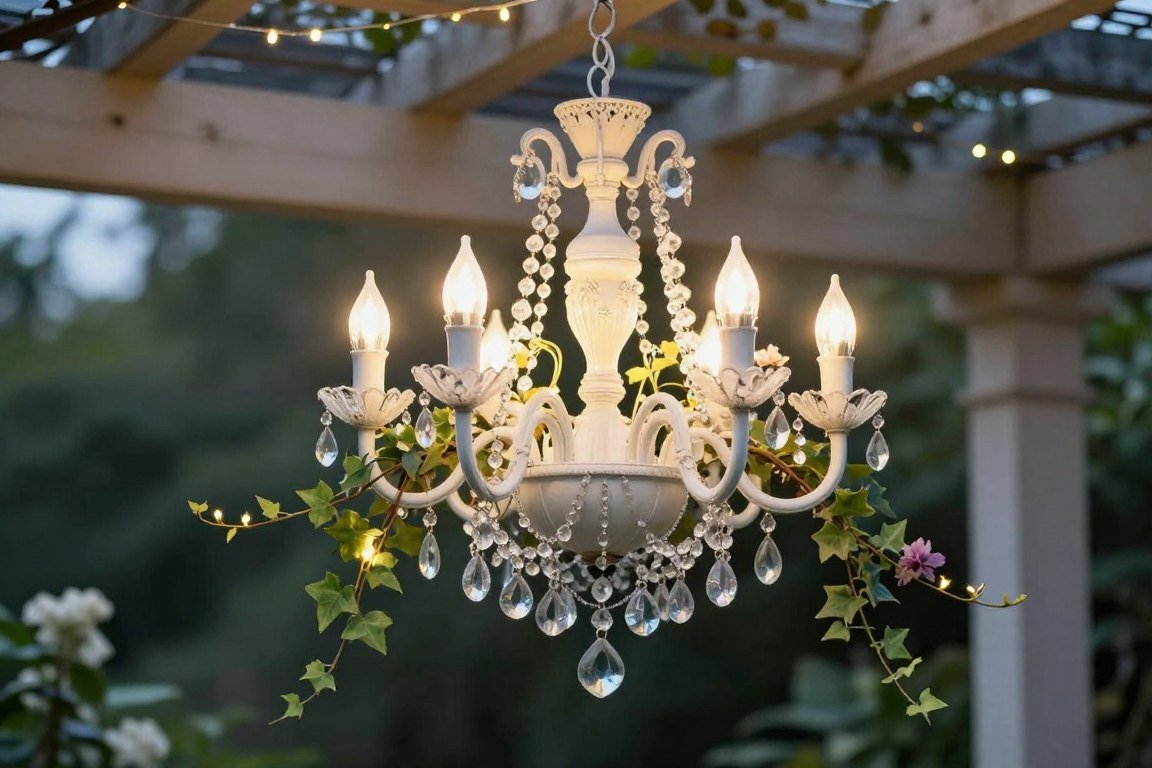 Repurposed chandelier planter with trailing plants and decorative solar lights