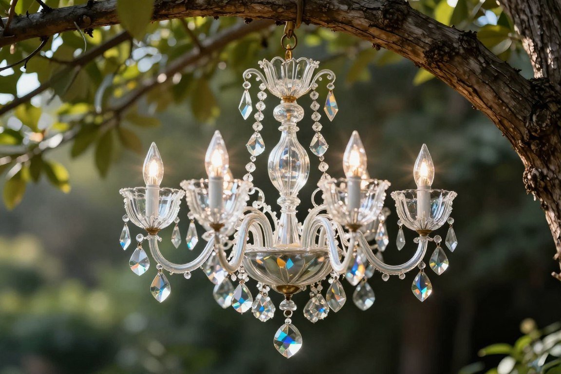 Repurposed crystal chandelier bird bath hanging from tree