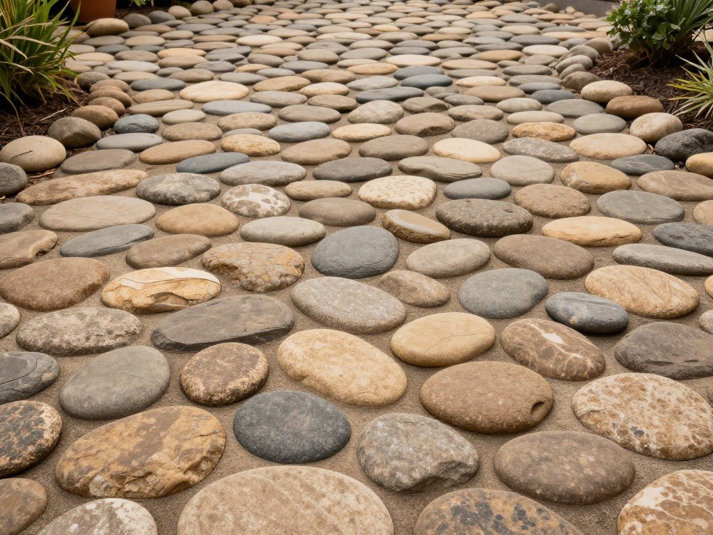 River rock stamped concrete patio with smooth rounded stones in earth tone colors