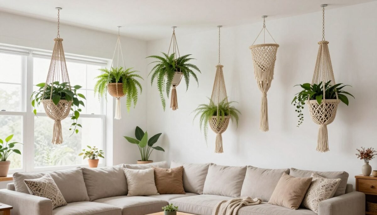 Room design showing multiple macrame plant hangers at varying heights