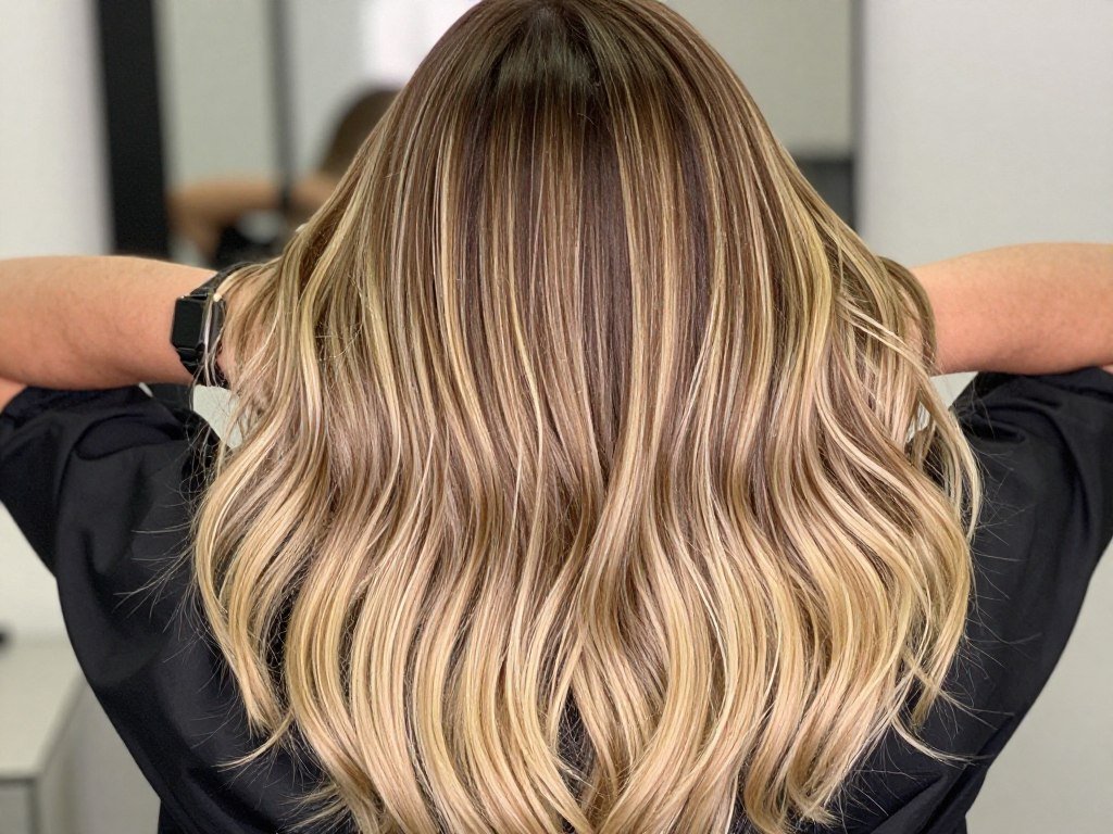 Root shadow balayage showing dark roots blending into blonde