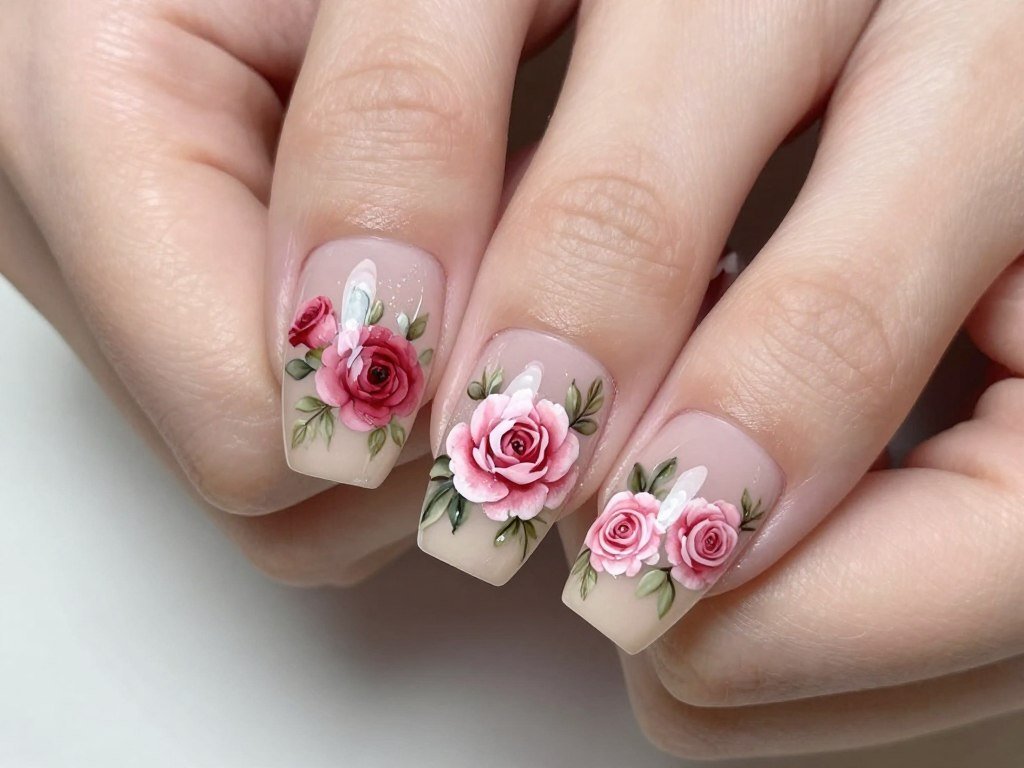 Rose garden June nails with pink roses on nude base