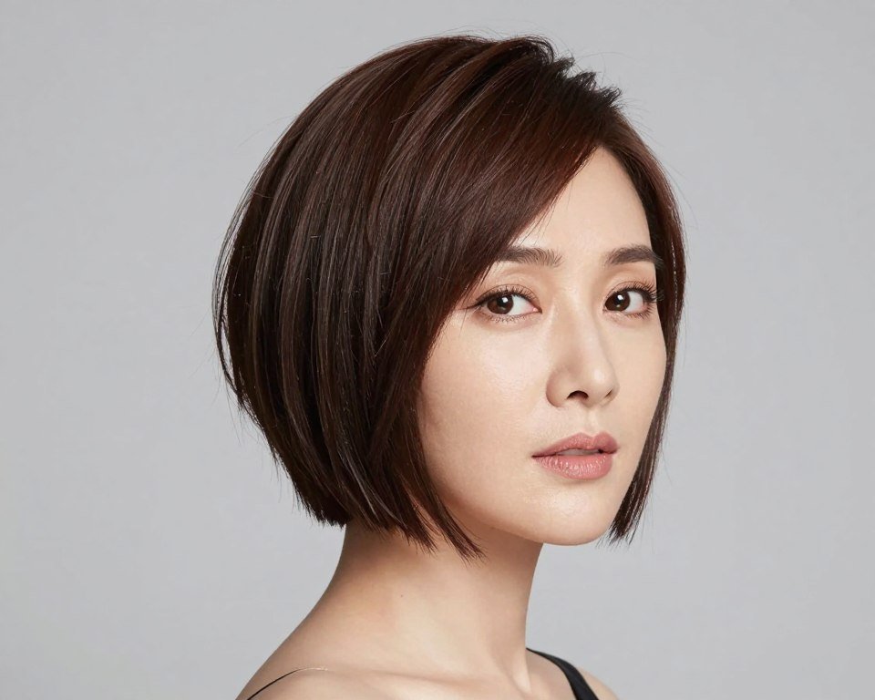 Round face shape with angular short haircut