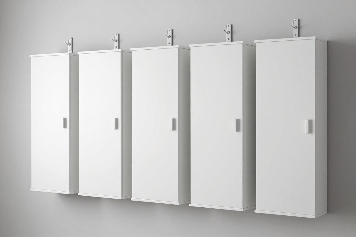 Row of white IKEA TRONES shoe cabinets on mudroom wall