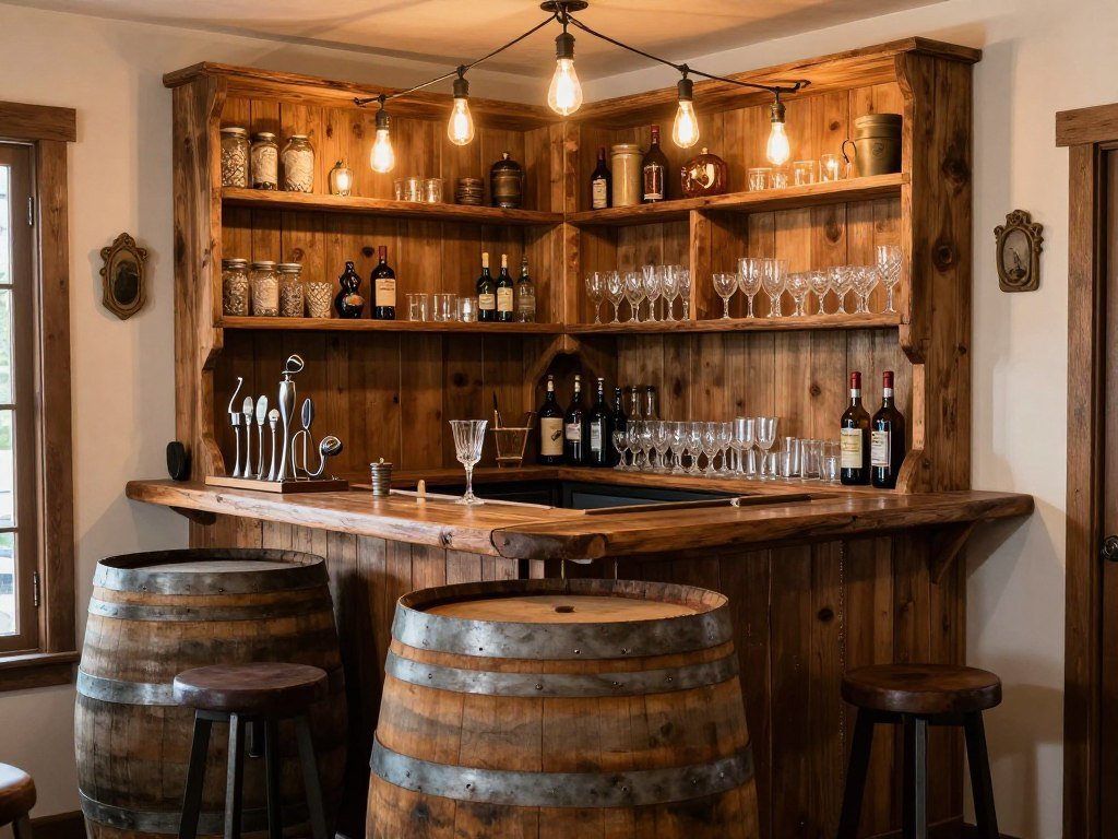 Rustic bar area with vintage decor and storage displaying built-in bar ideas
