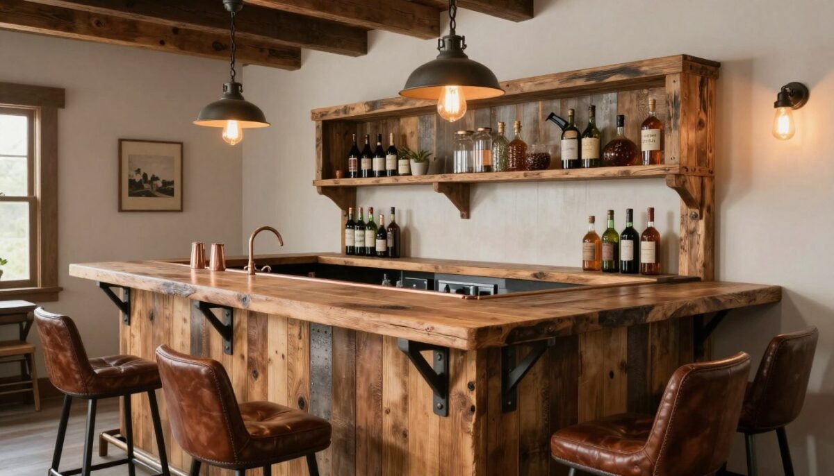 Rustic barn wood built-in bar with industrial metal accents showcasing built-in bar ideas