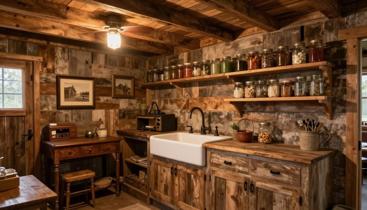 Rustic farmhouse interior design in 16x40 shed house