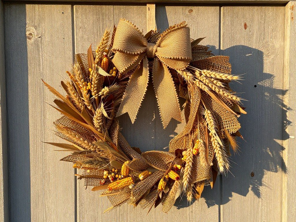 Rustic harvest wreath with burlap and wheat elements