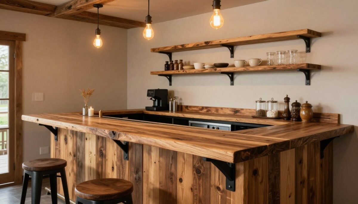 Rustic home bar made from reclaimed natural wood with live edge countertop