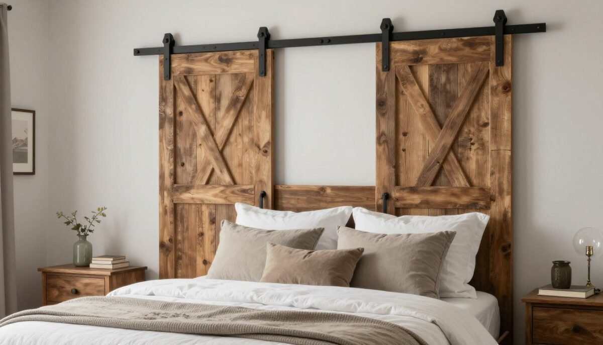 Rustic sliding barn door DIY headboard with black metal hardware in farmhouse bedroom