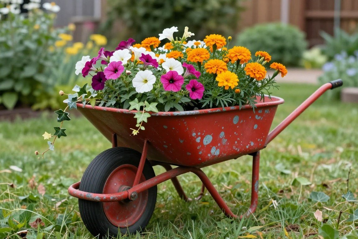 Rustic vintage wheelbarrow filled with colorful flowers as a creative garden planter