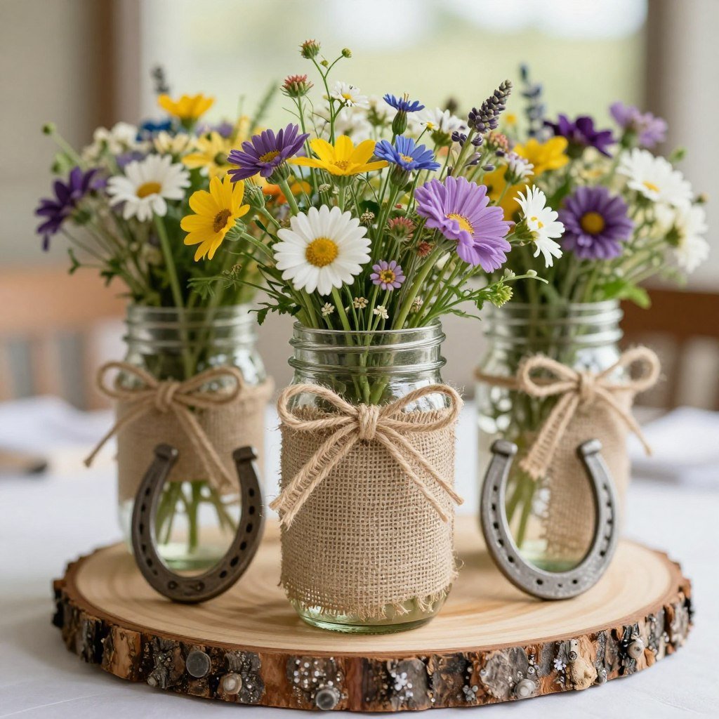 Rustic western party centerpiece with mason jars and wildflowers