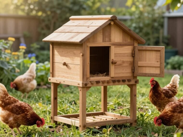Rustic wooden DIY chicken coop in sunny backyard with happy hens