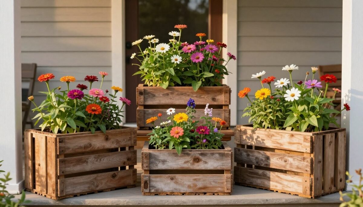 Rustic wooden crate planters filled with colorful seasonal flowers and greenery