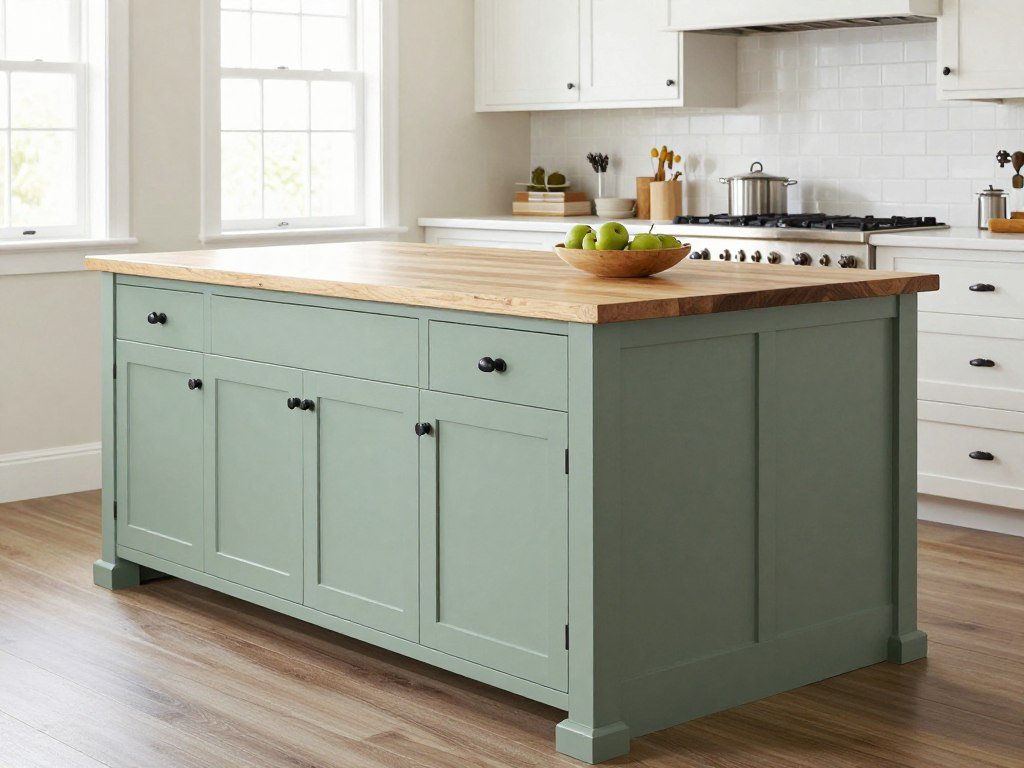 Sage green painted kitchen island with butcher block top